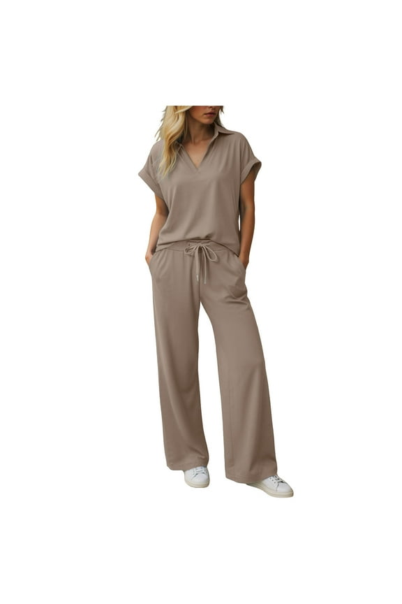 Womens 2 Piece Summer Outfit Lounge Set Cap Sleeve Polo Top And Pant Set Tracksuit Travel Matching Outfit 2025 Brown, XXL