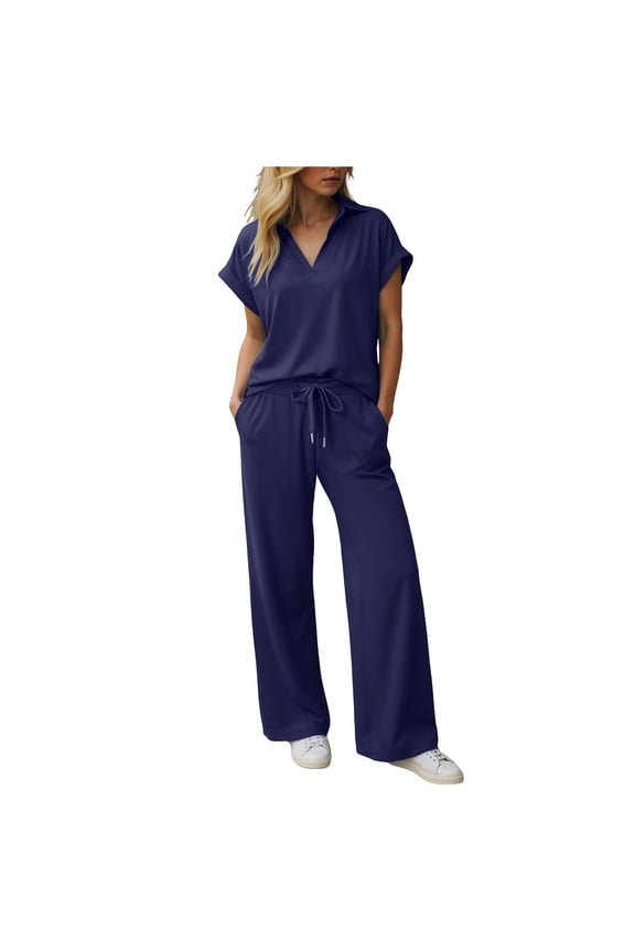Womens 2 Piece Summer Outfit Lounge Set Cap Sleeve Polo Top And Pant Set Tracksuit Travel Matching Outfit 2025 Dark Blue, XXXL