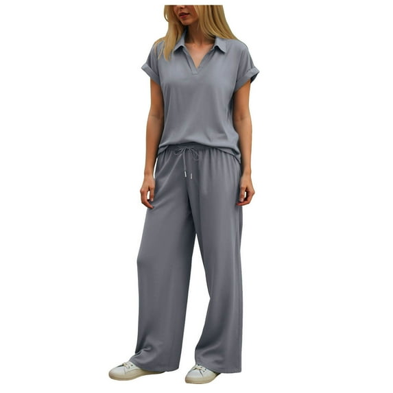 felwors Womens 2 Piece Summer Outfit Lounge Set Cap Sleeve Polo Top And Pant Set Tracksuit Travel Matching Outfit 2025 Purple, XL