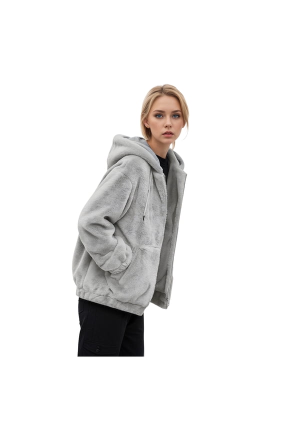 Womens 2025 Fuzzy Fleece Jacket Coats with Hood Trendy Winter Clothes Plus Size Zip Up Sherpa Lined Jackets Grey, XXXL