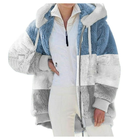 felwors Womens 2025 Winter Fuzzy Fleece Jacket Hooded Color Block Patchwork Cardigan Coats Outerwear with Pockets Blue, S