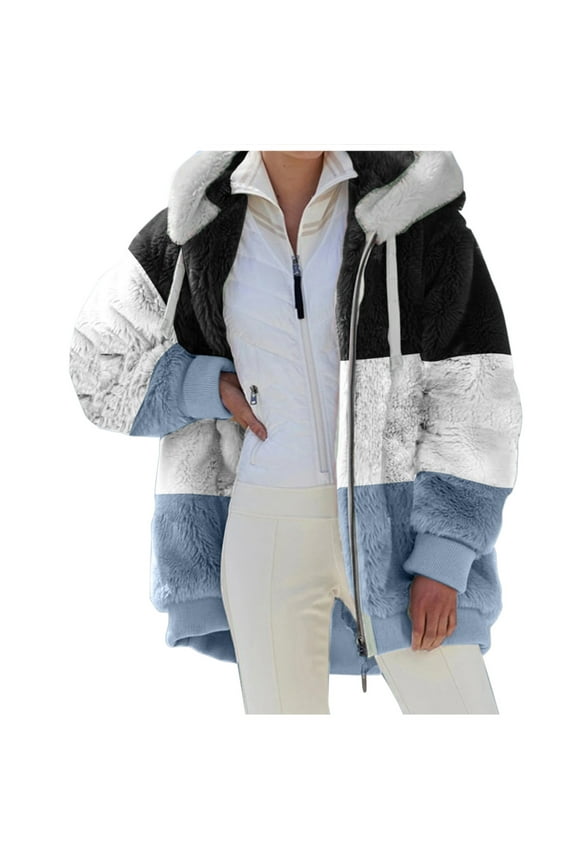 Womens 2025 Winter Fuzzy Fleece Jacket Hooded Color Block Patchwork Cardigan Coats Outerwear with Pockets Blue, XXL