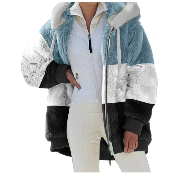 felwors Womens 2025 Winter Fuzzy Fleece Jacket Hooded Color Block Patchwork Cardigan Coats Outerwear with Pockets White, XXXL