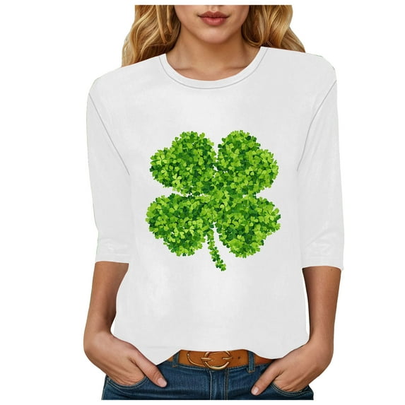 felwors Womens 3/4 Sleeve St. Patrick's Day T-Shirts Crew Neck Spring Graphic Tee Tops (White, XXL)