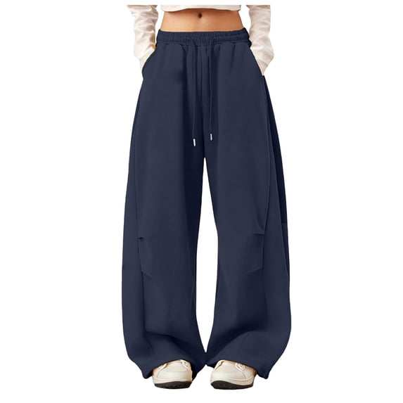 felwors Womens Barrel Sweatpants Baggy Y2K Drawstring Wide Leg Pants with Pockets Navy for Size XL