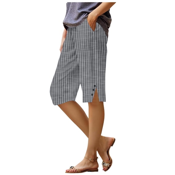 felwors Womens Bermuda Shorts Knee Length Dressy Causal Elastic Waist Buttons Linen Shorts with Pockets Summer Beach Outfits (Grey, S)
