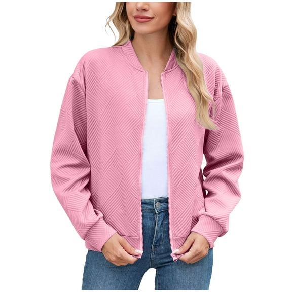 felwors Womens Bomber Jacket Zip Up Casual Jackets Lightweight Trendy Outerwear Coat with Pockets Pink, L