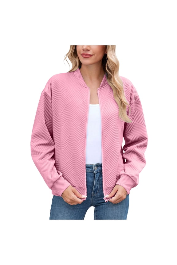 Womens Bomber Jacket Zip Up Casual Jackets Lightweight Trendy Outerwear Coat with Pockets Pink, XL