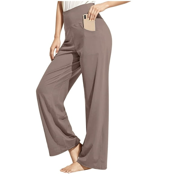 felwors Womens Butterlift High Waisted Wide Leg Pants with Pockets 29"/31"/33" - Yoga Lounge Buttery Soft Comfy Casual Coffee, L