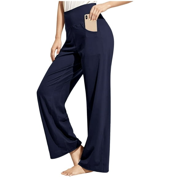felwors Womens Butterlift High Waisted Wide Leg Pants with Pockets 29"/31"/33" - Yoga Lounge Buttery Soft Comfy Casual Navy, L