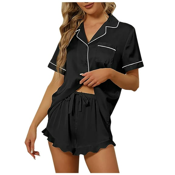 felwors Womens Button Down Pajamas Set Short Sleeve Sleepwear Bride Soft Pj Lounge Sets XS-3XL Black, XXL
