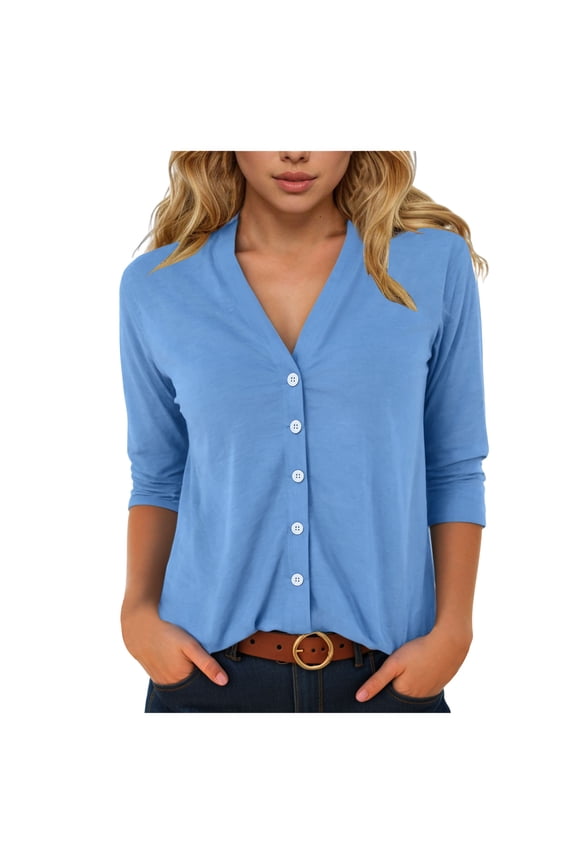 Womens Button Down Shirts Casual V Neck 3/4 Length Sleeve Open Front Cardigan Dressy Loose Work Business Blouses Top (Blue, S)