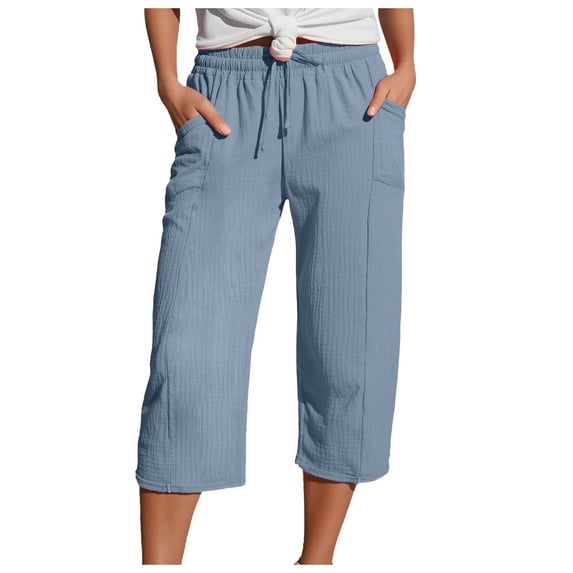 felwors Womens Capri Pants Summer Wide Leg High Waisted Pants Drawstring Casual Trousers with Pockets (Sky Blue, XL)