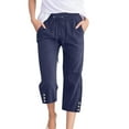 thumbnail image 1 of felwors Womens Capris Pants High Waist Drawstring Comfy Casual Pants Casua Lightweight Loose Trousers Buttons Trim with Pockets Navy, XXL, 1 of 5