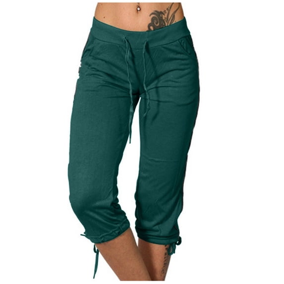 felwors Womens Capris for Summer 2026 Casual Yoga Gym Capri Leggings with Drawstring Shorts High Waisted Cropped Beach Pants (Dark Green, M)