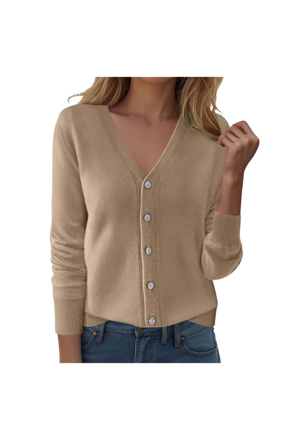 Womens Cardigans Lightweight Long Sleeve Cropped Button up Cardigan Sweaters Dressy Casual V Neck Knit Sweater Tops Brown, XXL