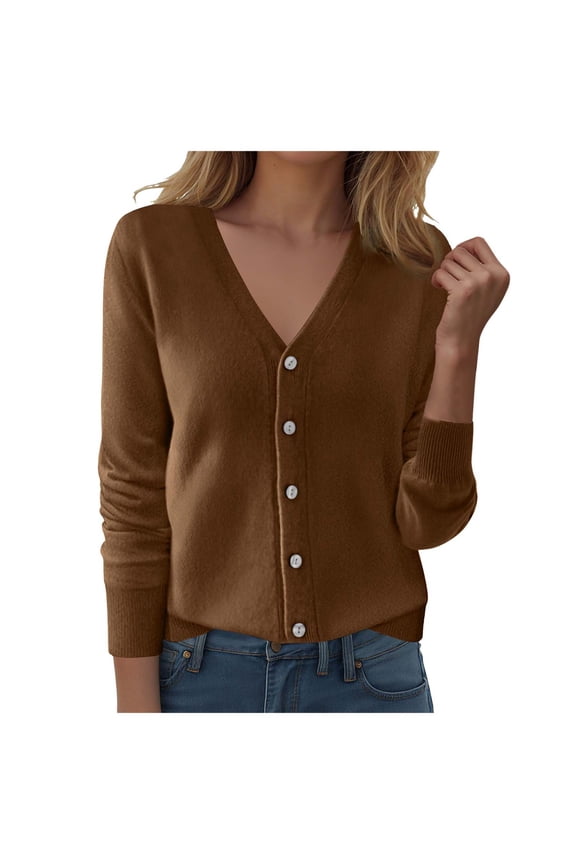 Womens Cardigans Lightweight Long Sleeve Cropped Button up Cardigan Sweaters Dressy Casual V Neck Knit Sweater Tops Coffee, M