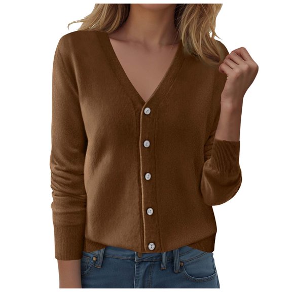 felwors Womens Cardigans Lightweight Long Sleeve Cropped Button up Cardigan Sweaters Dressy Casual V Neck Knit Sweater Tops Coffee, S