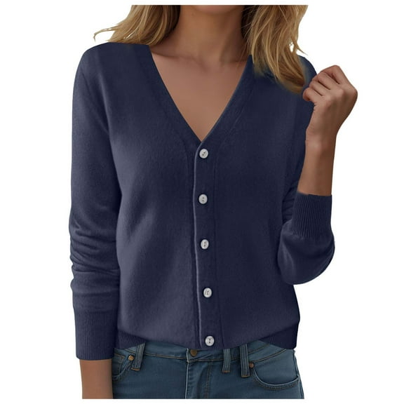 felwors Womens Cardigans Lightweight Long Sleeve Cropped Button up Cardigan Sweaters Dressy Casual V Neck Knit Sweater Tops Navy, XL