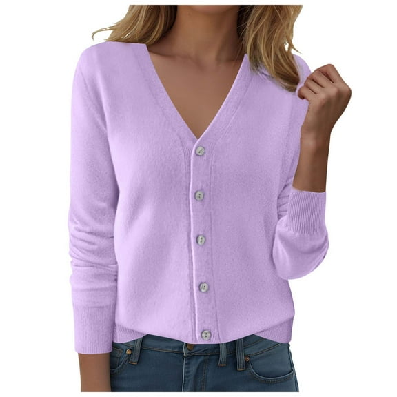 felwors Womens Cardigans Lightweight Long Sleeve Cropped Button up Cardigan Sweaters Dressy Casual V Neck Knit Sweater Tops Purple, XL