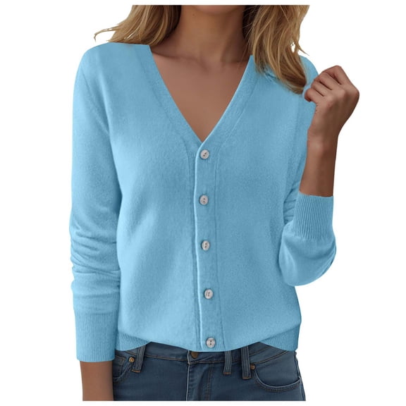 felwors Womens Cardigans Lightweight Long Sleeve Cropped Button up Cardigan Sweaters Dressy Casual V Neck Knit Sweater Tops Sky Blue, M