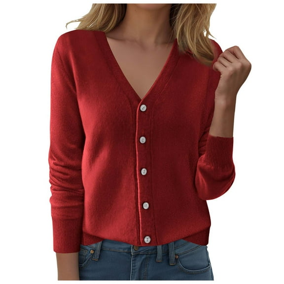 felwors Womens Cardigans Lightweight Long Sleeve Cropped Button up Cardigan Sweaters Dressy Casual V Neck Knit Sweater Tops Wine, XXL