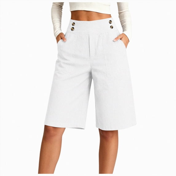 felwors Womens Casual Bermuda Shorts Knee Length Wide Leg 2 Pockets White for Size XL