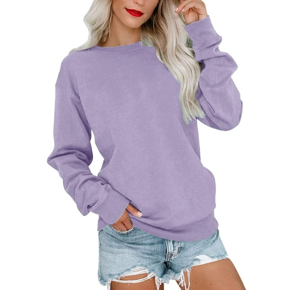 felwors Womens Casual Crewneck Sweatshirt Long Sleeve Tops Cute Pullover Loose Fit Purple, XL