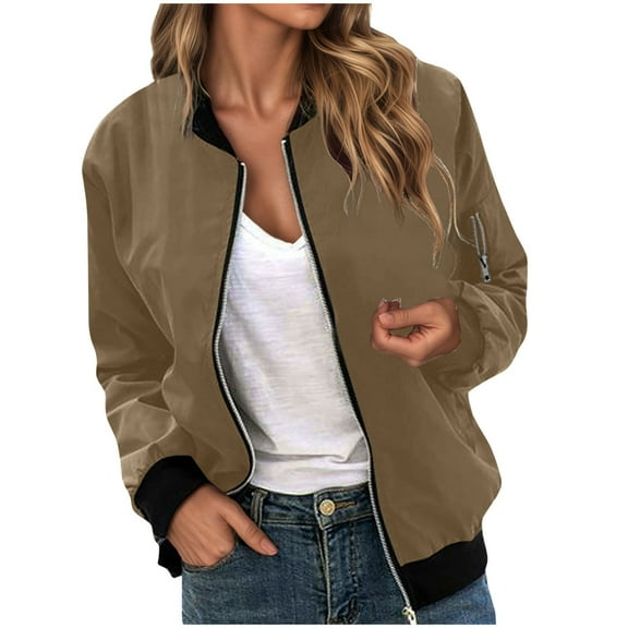 felwors Womens Casual Daily Jackets Lightweight Zip Up Casual Jacket Stand Short Sports Outwear Zipper Tops Coffee, S