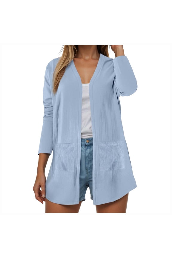 Womens Casual Lightweight with Pocketes Long Sleeve Open Front Cardigan Light Blue, M