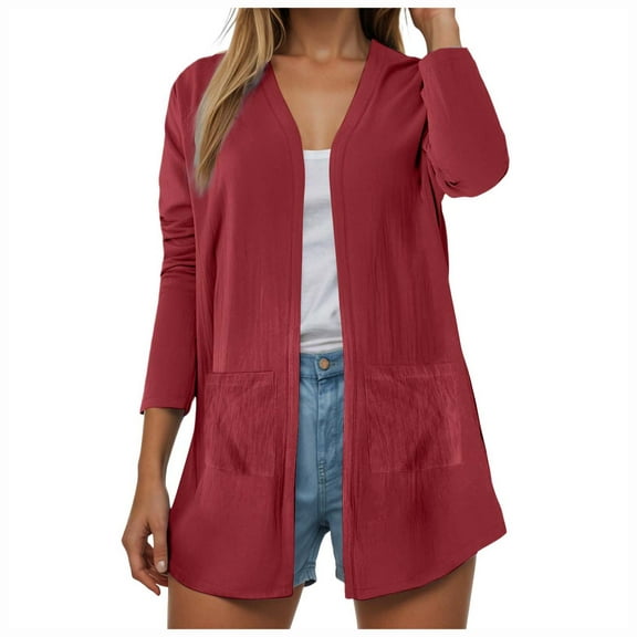 felwors Womens Casual Lightweight with Pocketes Long Sleeve Open Front Cardigan Wine, M