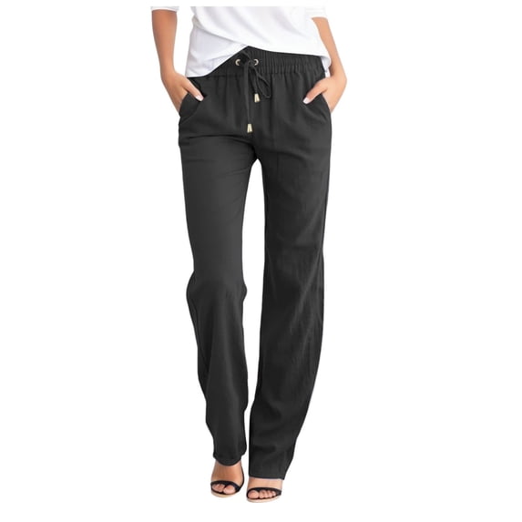 felwors Womens Casual Linen High Waist Pants Drawstring Loose Fit Summer Pants Trousers with Side Pockets (Black, XL)
