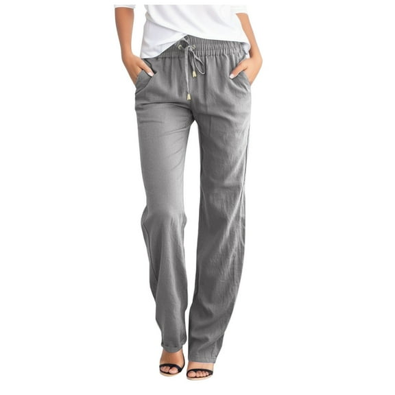 felwors Womens Casual Linen High Waist Pants Drawstring Loose Fit Summer Pants Trousers with Side Pockets (Grey, XXL)