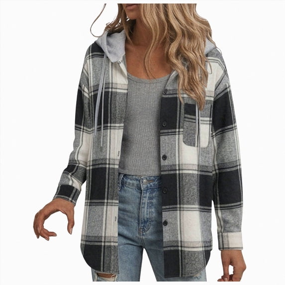 felwors Womens Casual Plaid Hooded Shacket, Long Sleeve Button Front Warm Coat with Side Pockets, Fall Winter Daily Wear Jacket (Black, S)