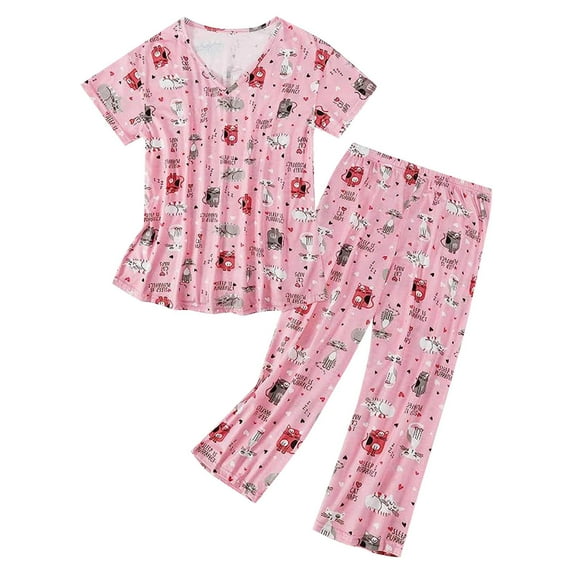 felwors Womens Cotton Pajama Sets Short Sleeve Top With Capri Pants 2 piece sets for Women Summer Pajamas Lounge Set Hot Pink, XL