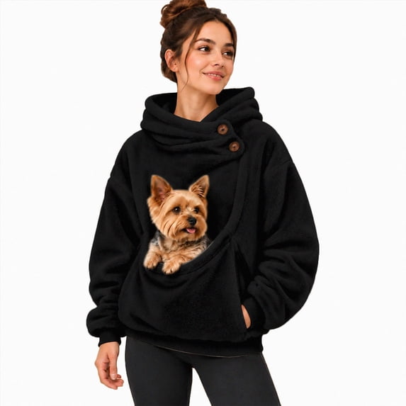 felwors Womens Cowl Neck Hoodie with Pet Pouch Button Detail Fleece Sweatshirt for Dog Cat (Black, S)
