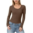 thumbnail image 1 of felwors Womens Crewneck Long Sleeve Shirt Double Lined Basic Tees Side Ruched Going Out Crop Tops Coffee, XL, 1 of 6