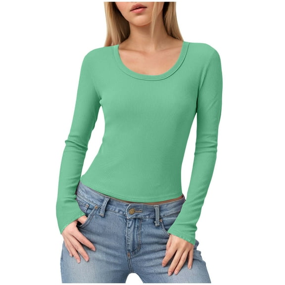 felwors Womens Crewneck Long Sleeve Shirt Double Lined Basic Tees Side Ruched Going Out Crop Tops Light Green, L