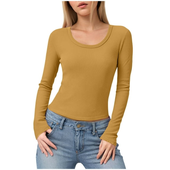 felwors Womens Crewneck Long Sleeve Shirt Double Lined Basic Tees Side Ruched Going Out Crop Tops Yellow, S