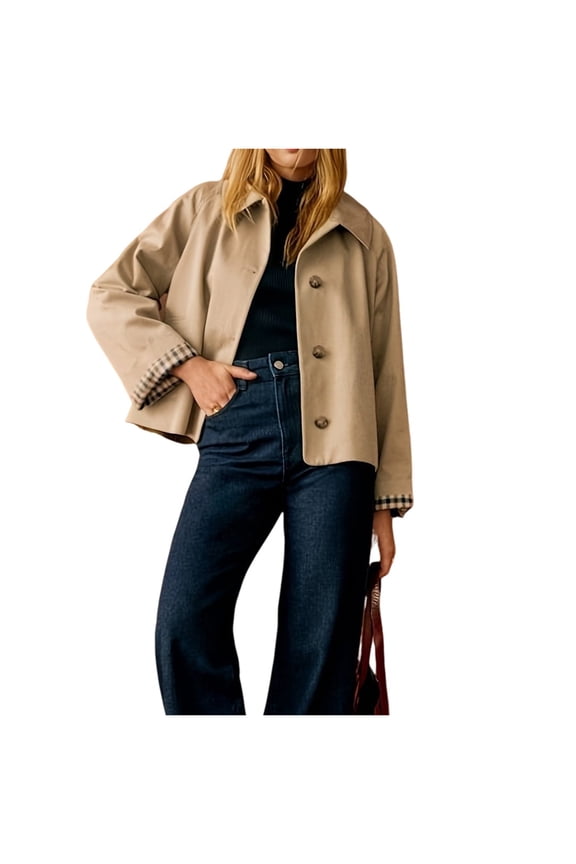 Womens Cropped Trench Coat Classic Collar Oversized Casual Jackets with Checkered Lining Khaki, L