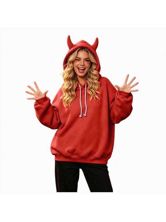 Womens Devil Horn Hooded Top Coat, Soft Cozy Pullover with Devil Horn Loose Fit Long Sleeve, Lightweight Halloween Cosplay Costume (Red, M)