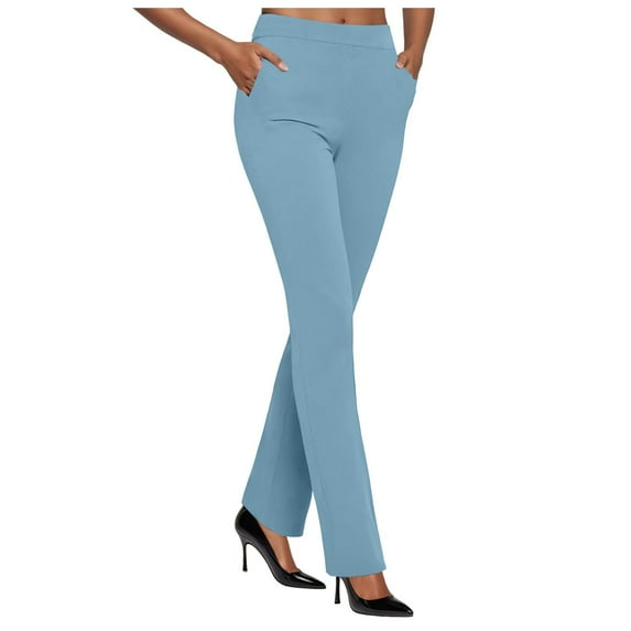 felwors Womens Dress Pants Stretchy Business Casual Flare Trousers Petite Lightweight Pull On Office Slacks with Pockets Sky Blue, L