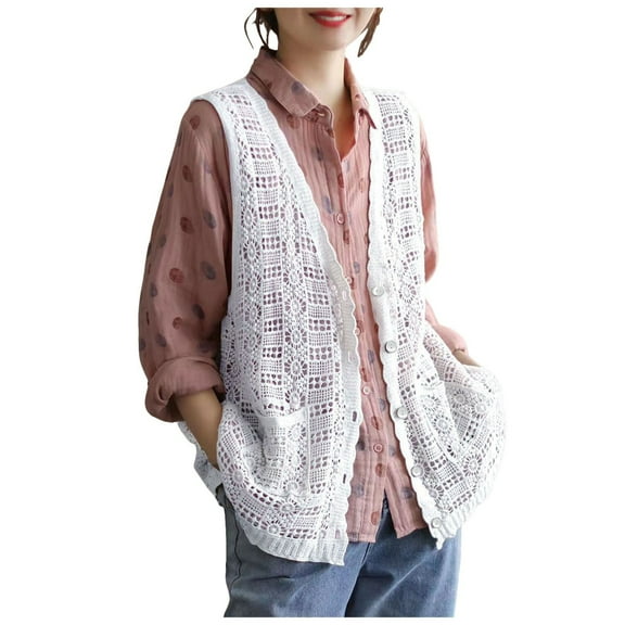 felwors Womens Ethnic Knit Sweater Vest Hollow Cardigan Vest Single Breasted Pocket Top White, One Size