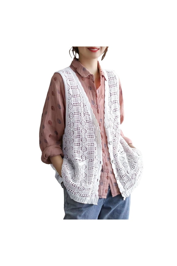 Womens Ethnic Knit Sweater Vest Hollow Cardigan Vest Single Breasted Pocket Top White, One Size