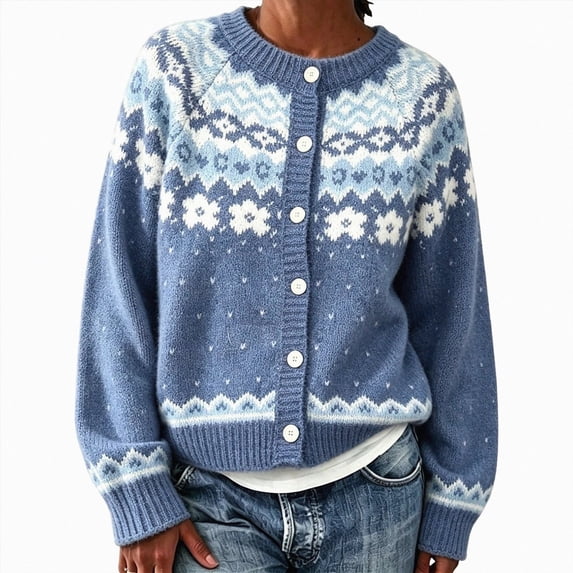 felwors Womens Fair Isle Sweater Button Up Long Sleeve Cardigans Crew Neck Open Front Knit Vintage Sweater Coats Blue for Size XXL