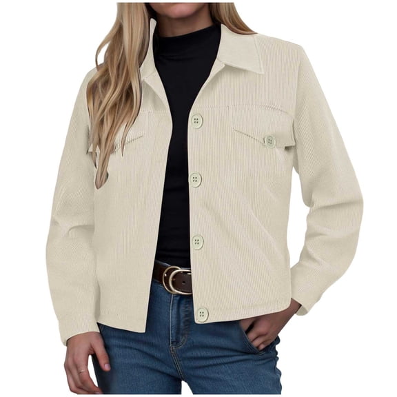 felwors Womens Fashion Cropped Corduroy Shackets Button Down Jackets Tops Fall Trendy Long Sleeve Shirts Beige, M