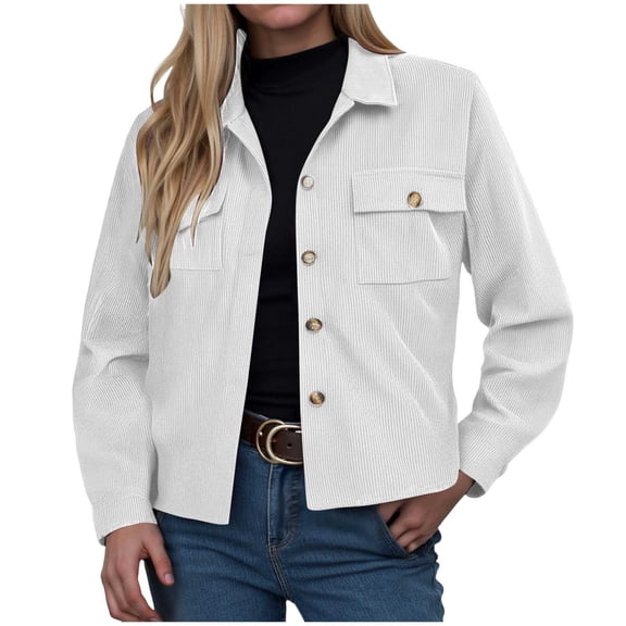 felwors Womens Fashion Cropped Corduroy Shackets Button Down Jackets Tops Fall Trendy Long Sleeve Shirts White, M