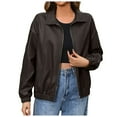 thumbnail image 1 of felwors Womens Faux Leather Jacket Casual Zip Up Motorcycle Long Sleeve Collared Fall Cropped Coats with Pockets Coffee, XL, 1 of 8