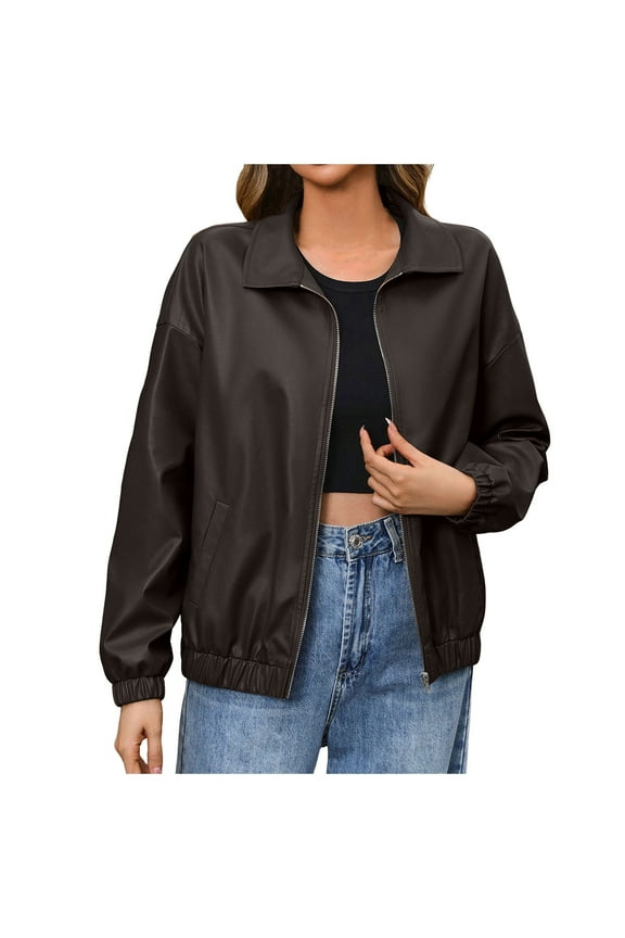 Womens Faux Leather Jacket Casual Zip Up Motorcycle Long Sleeve Collared Fall Cropped Coats with Pockets Coffee, XL