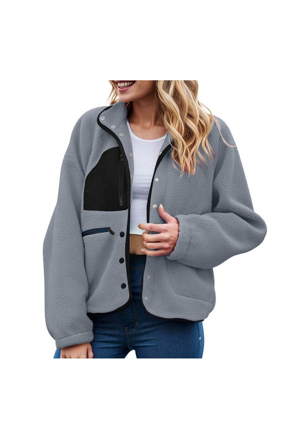 felwors Womens Fleece Jacket Fuzzy Long Sleeve Short Winter Coats Button Down Sherpa Jacket Outerwear with Pockets Sky Blue, L